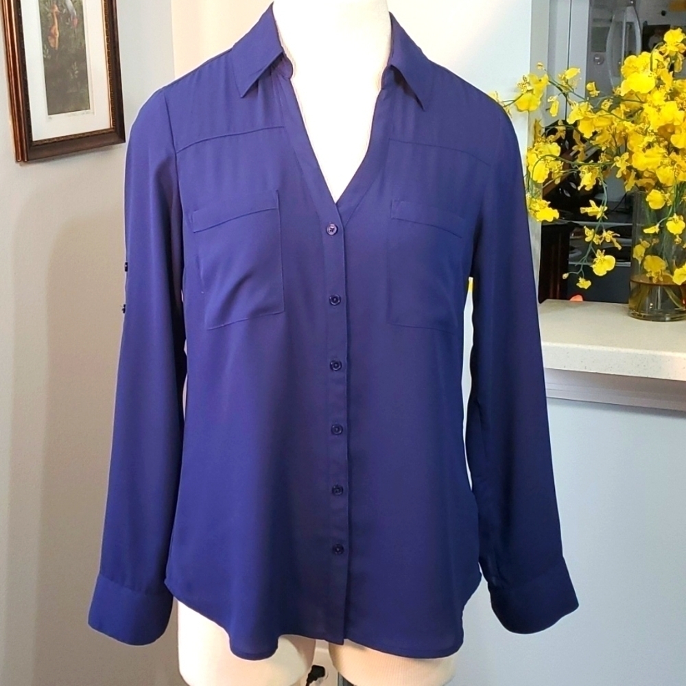 Express, The portfolio shirt, navy blue.  Long tab sleeves. 2 front pockets.